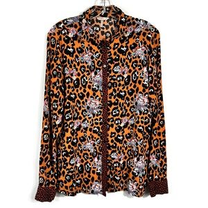 Esqualo Mixed Media Leopard Floral Button Down Collared Blouse Statement Office